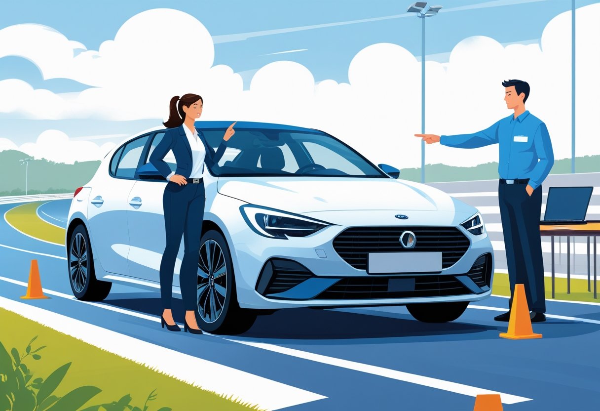 An insurance agent driving a car on a training track while an instructor gives guidance beside the vehicle.