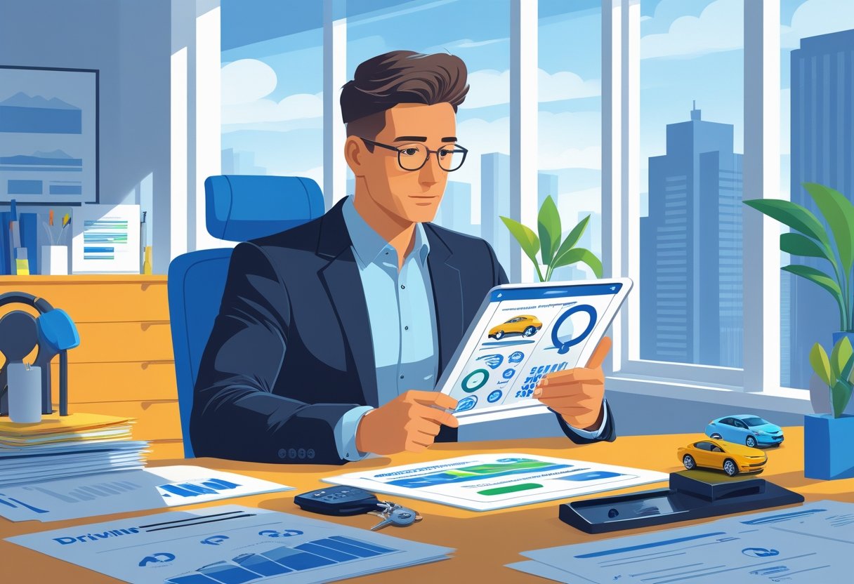 An insurance agent studying driving course materials at a desk in a bright office with driving-related items nearby.