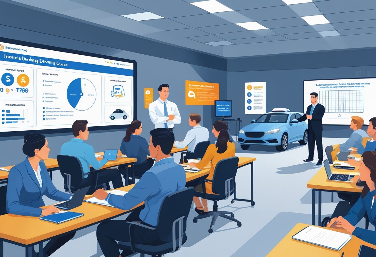 A group of insurance agents attending a driving course with an instructor and a driving simulator in a classroom.