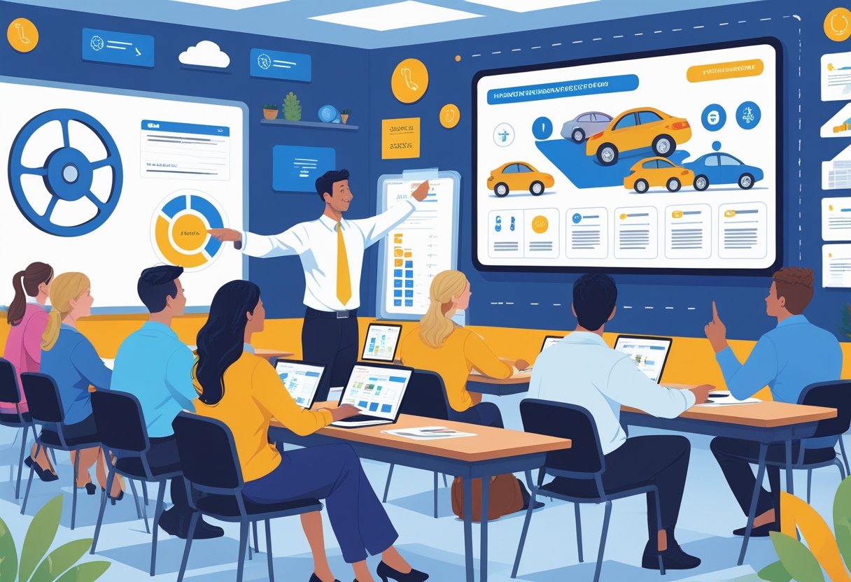 A group of adults in a classroom learning about driving and insurance, with an instructor explaining using a digital screen and educational materials around them.