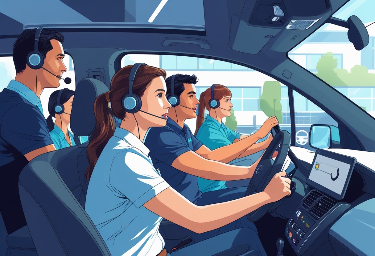 A group of call centre workers learning to drive with an instructor in a driving school setting.