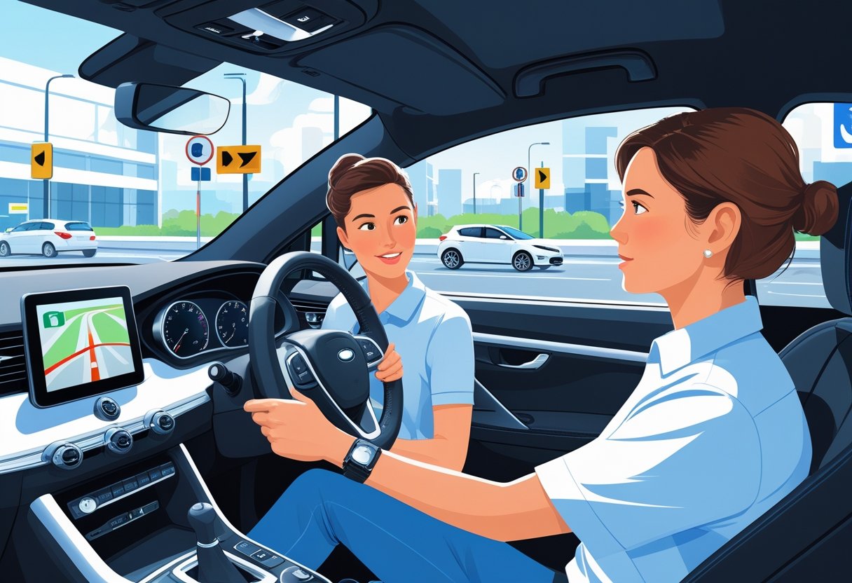 A driving instructor and a learner inside a car during a driving lesson in a city environment.