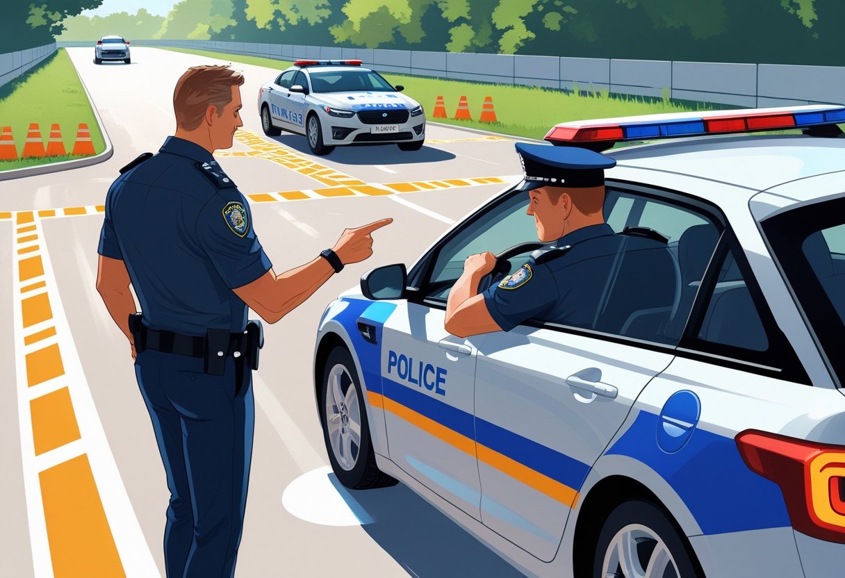 A police officer in uniform driving a police car during a training session with an instructor pointing outside at a driving course marked with cones.