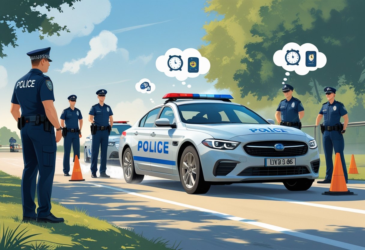 Police officers participating in a driving training session with an instructor guiding a police car through a driving course with cones and sharp turns.