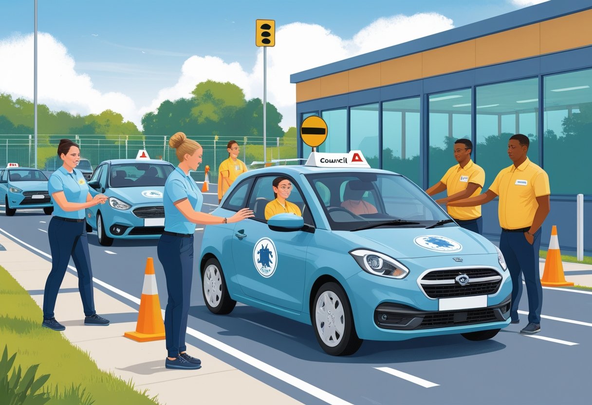 A group of council workers learning to drive in a training car with an instructor in a driving school setting.