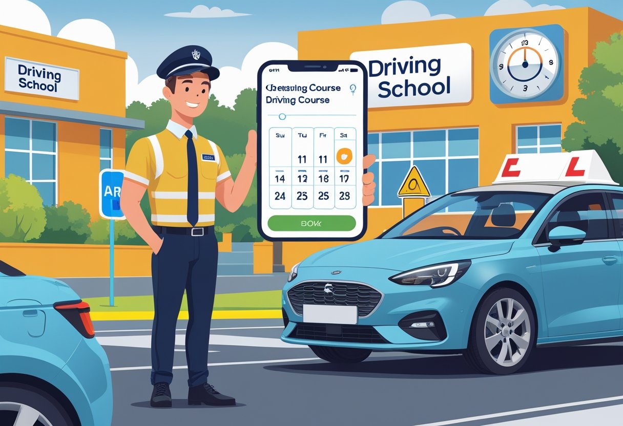 A postal worker in uniform stands next to a car, using a device to book an intensive driving course while a driving instructor hands over car keys outside a driving school.
