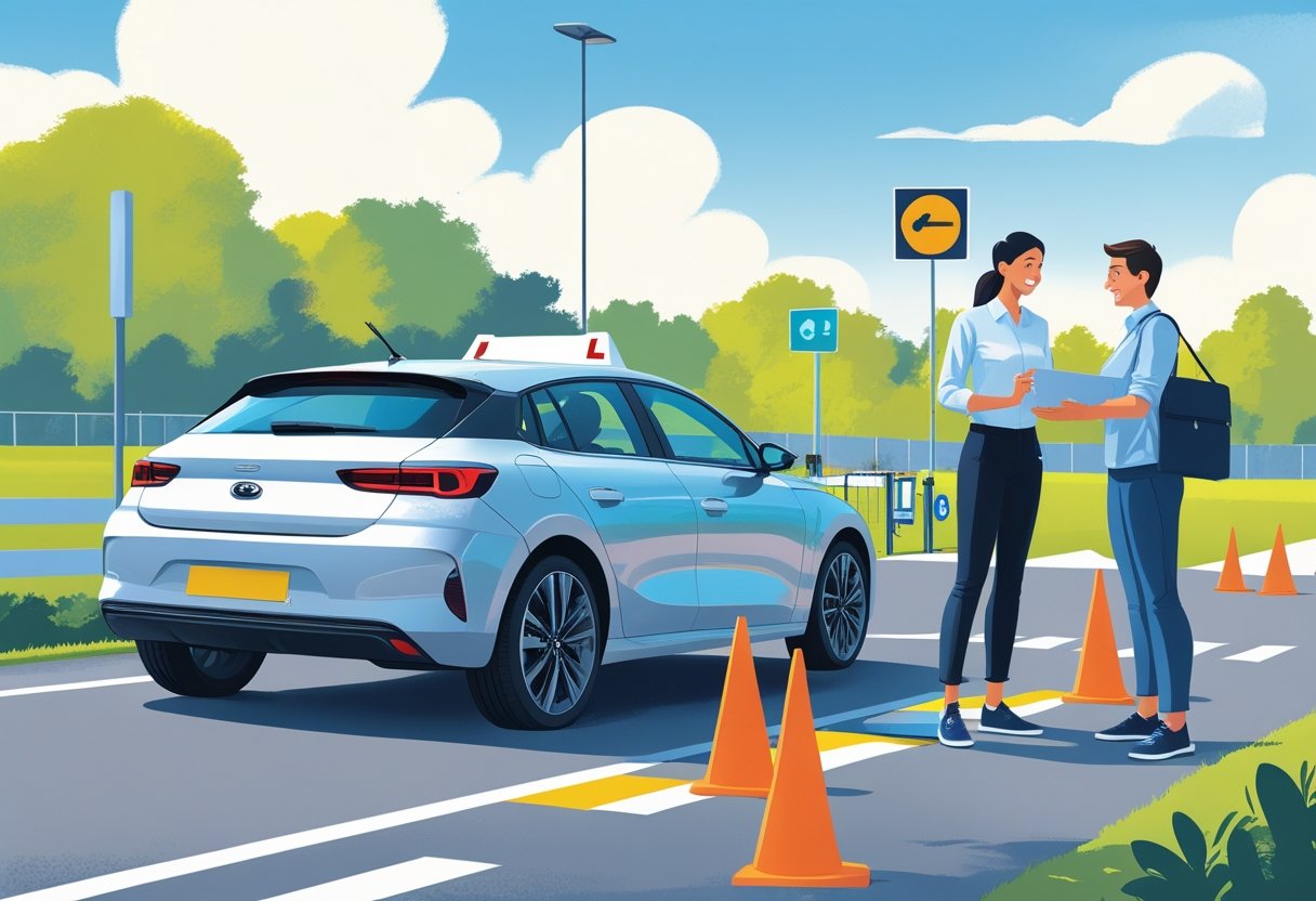 A freelancer receiving driving instructions from an instructor next to a car in a driving school training area.