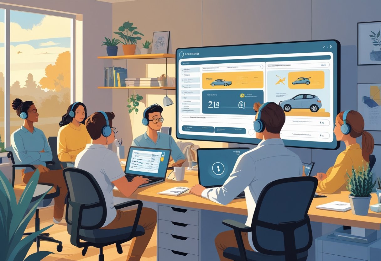 A group of remote workers in home offices facing distractions and technical issues, being guided by an instructor through an intensive training session on a digital screen.