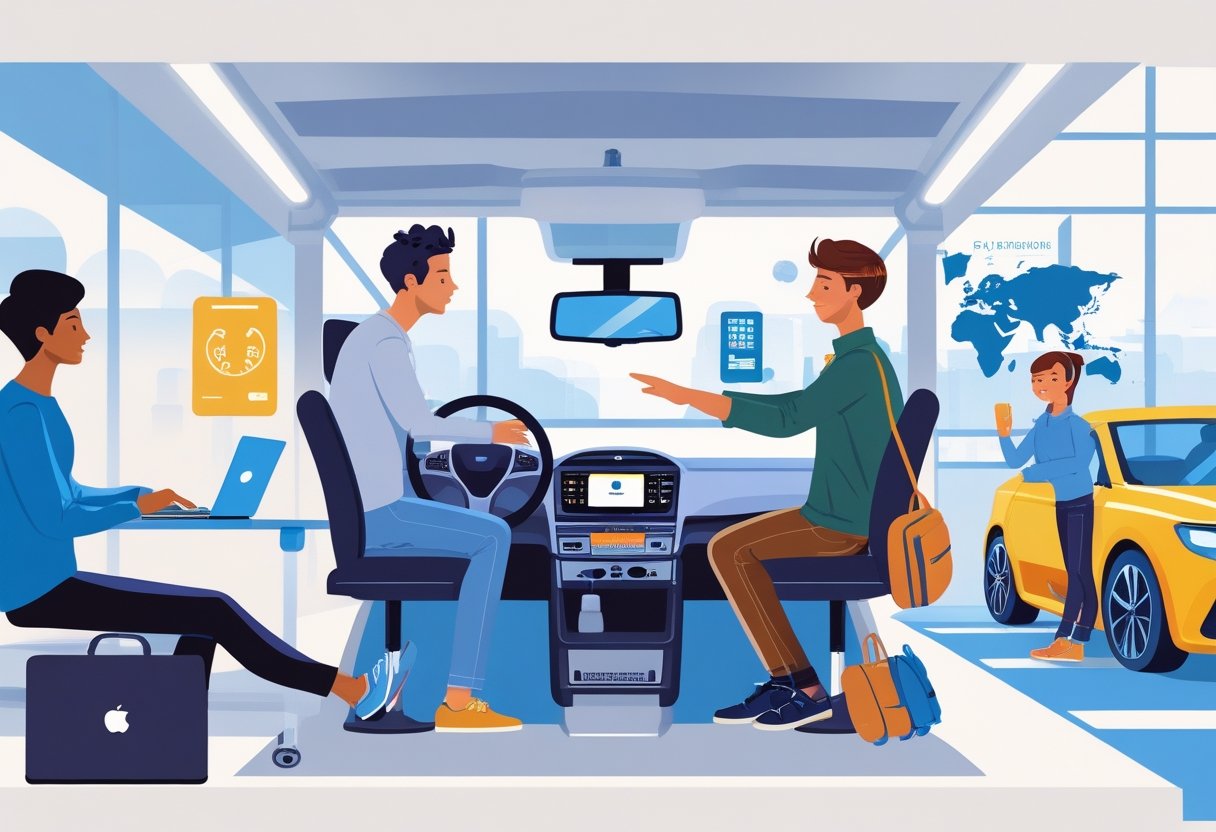 A group of people learning to drive in a modern driving school with a car, driving simulator, and an instructor guiding them, surrounded by travel gear and digital devices.