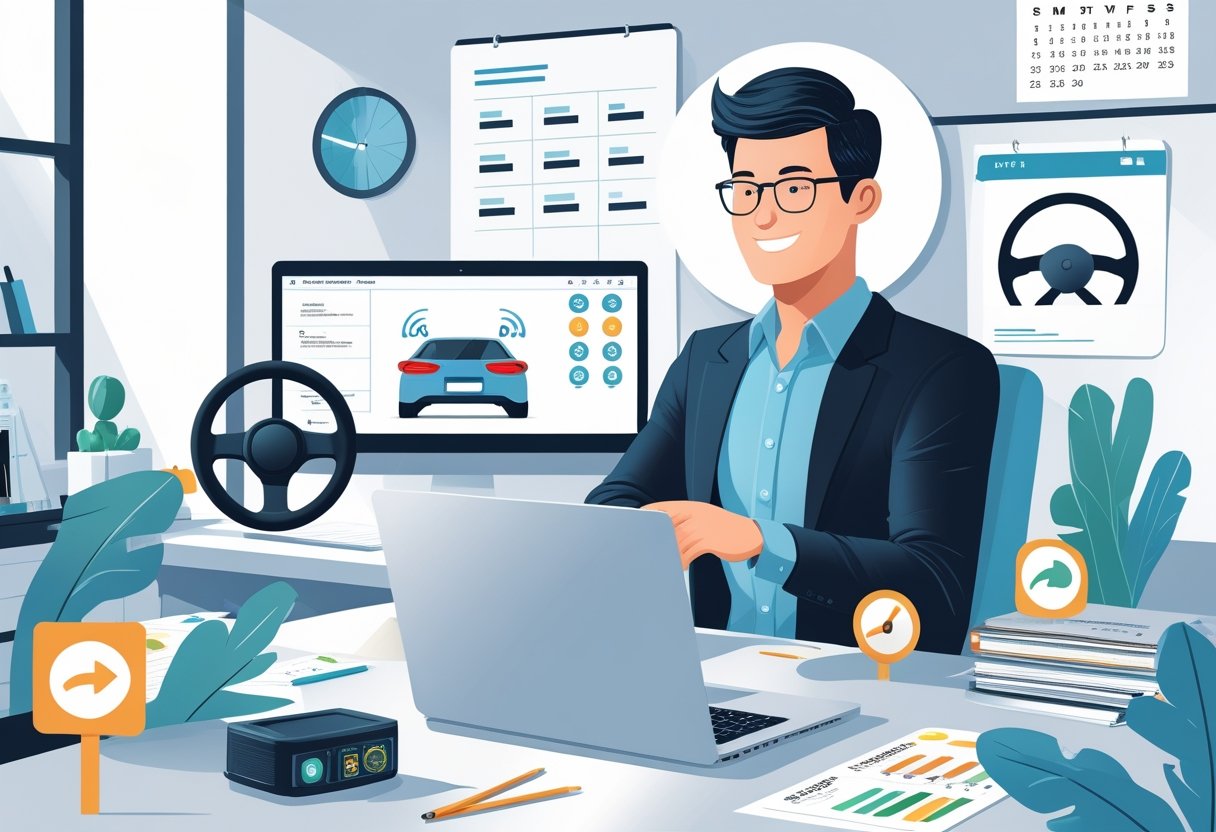 An online tutor teaching a driving course using a laptop with driving simulation elements in a home office setting.