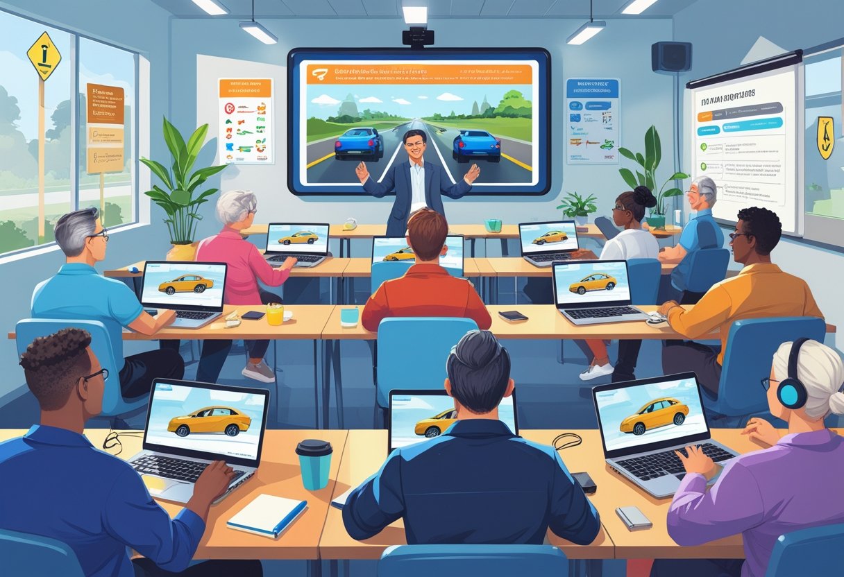 A group of adult learners attentively participating in an online driving course with a virtual instructor and digital driving simulators on their laptop screens.