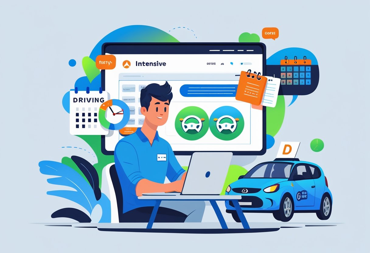 A person booking an intensive driving course online on a laptop, with a driving instructor and a car nearby.