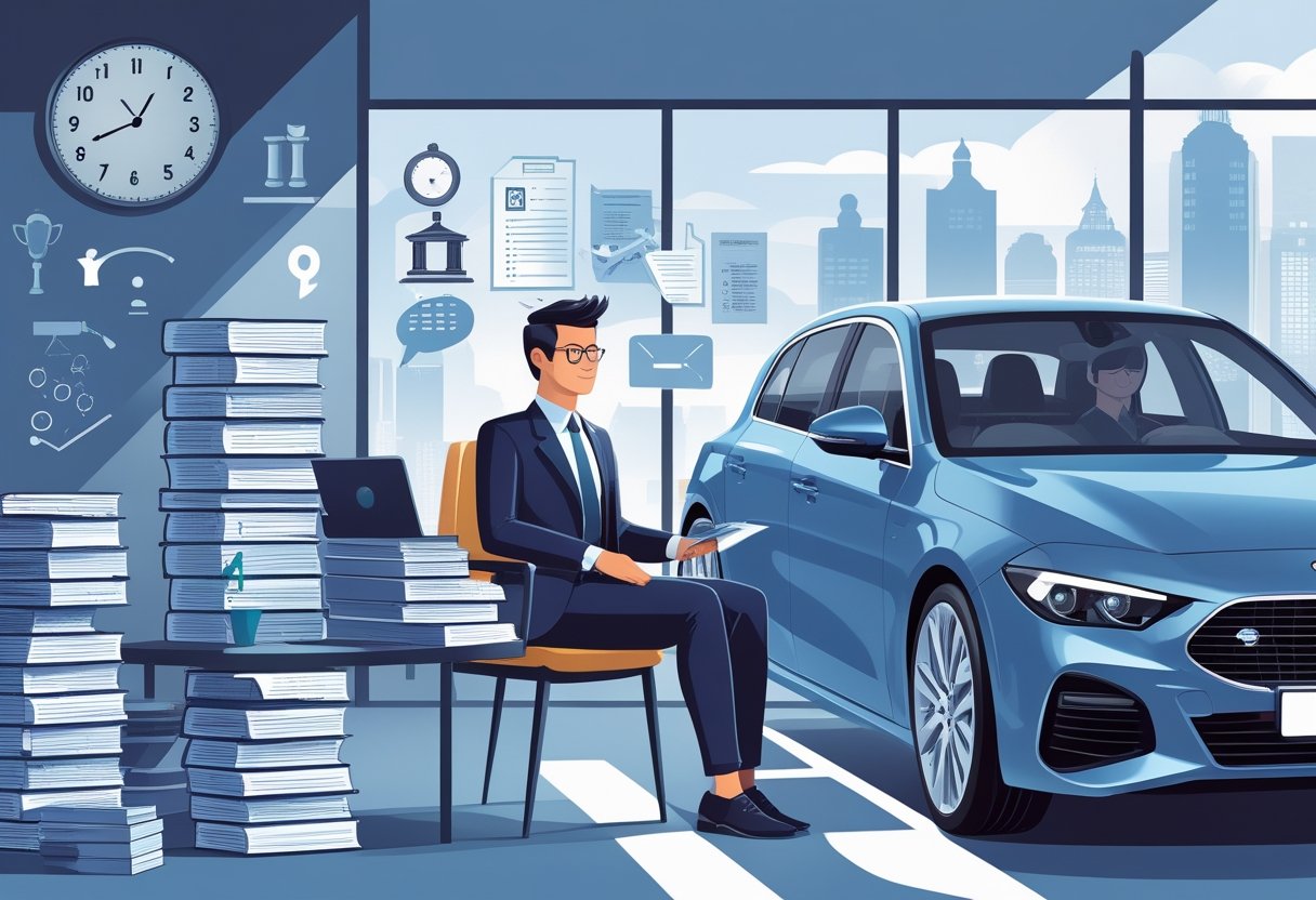 A lawyer receiving driving instruction in a car, with legal documents and a gavel nearby, set against a city backdrop with court buildings.