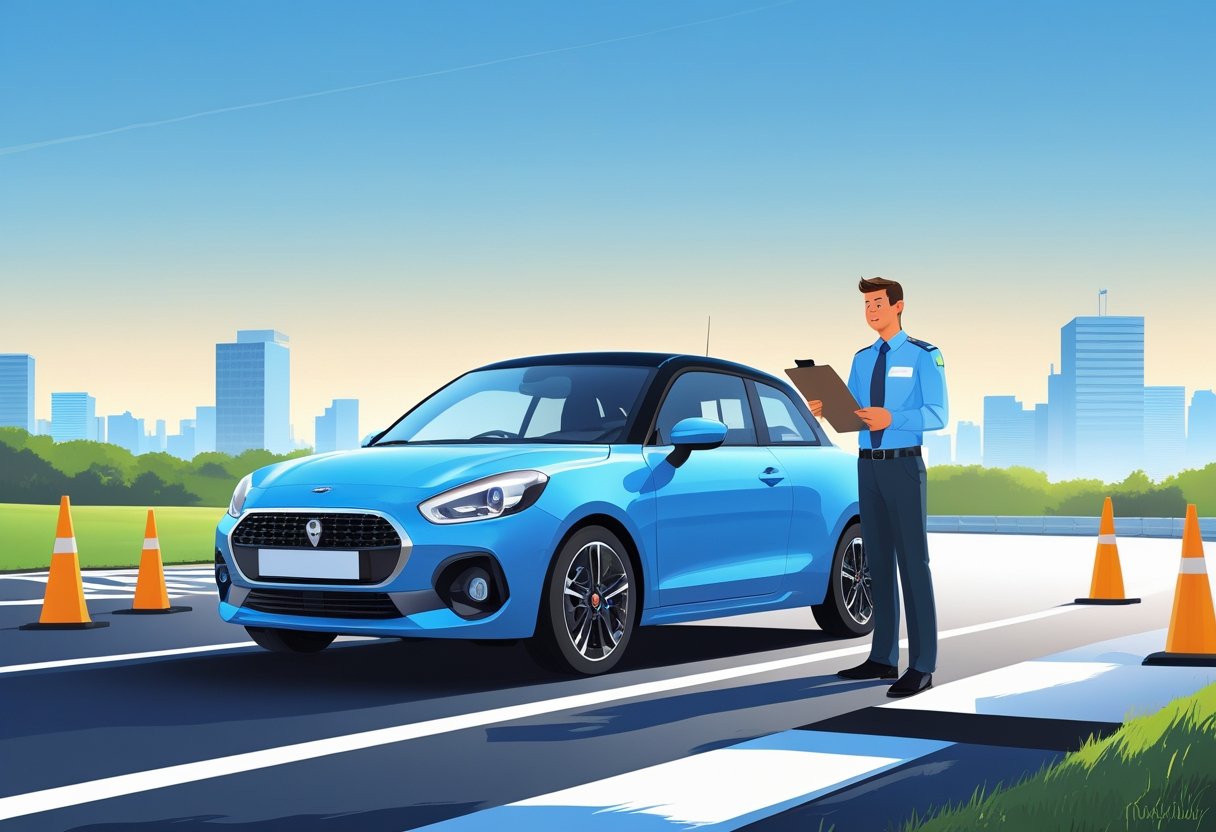 A business consultant receiving driving instructions from an instructor beside a training car on a driving course with traffic cones and road signs.