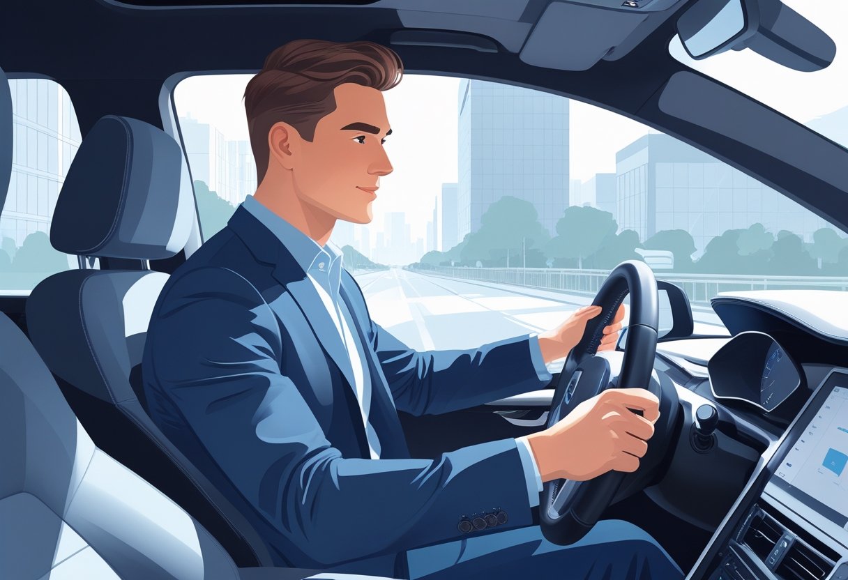 A business consultant driving a car in a city environment, looking focused and confident.