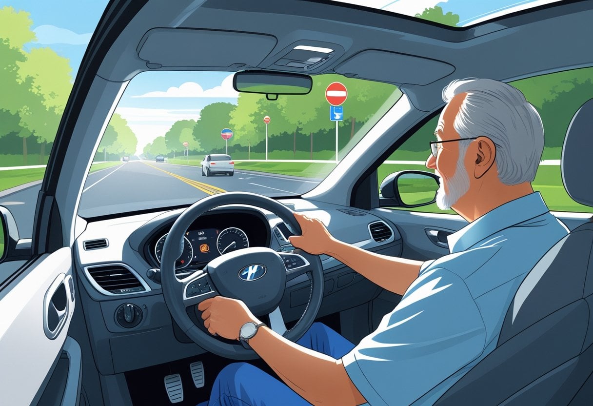 An older adult sitting in the driver's seat of a car with a driving instructor beside them on a quiet suburban street.