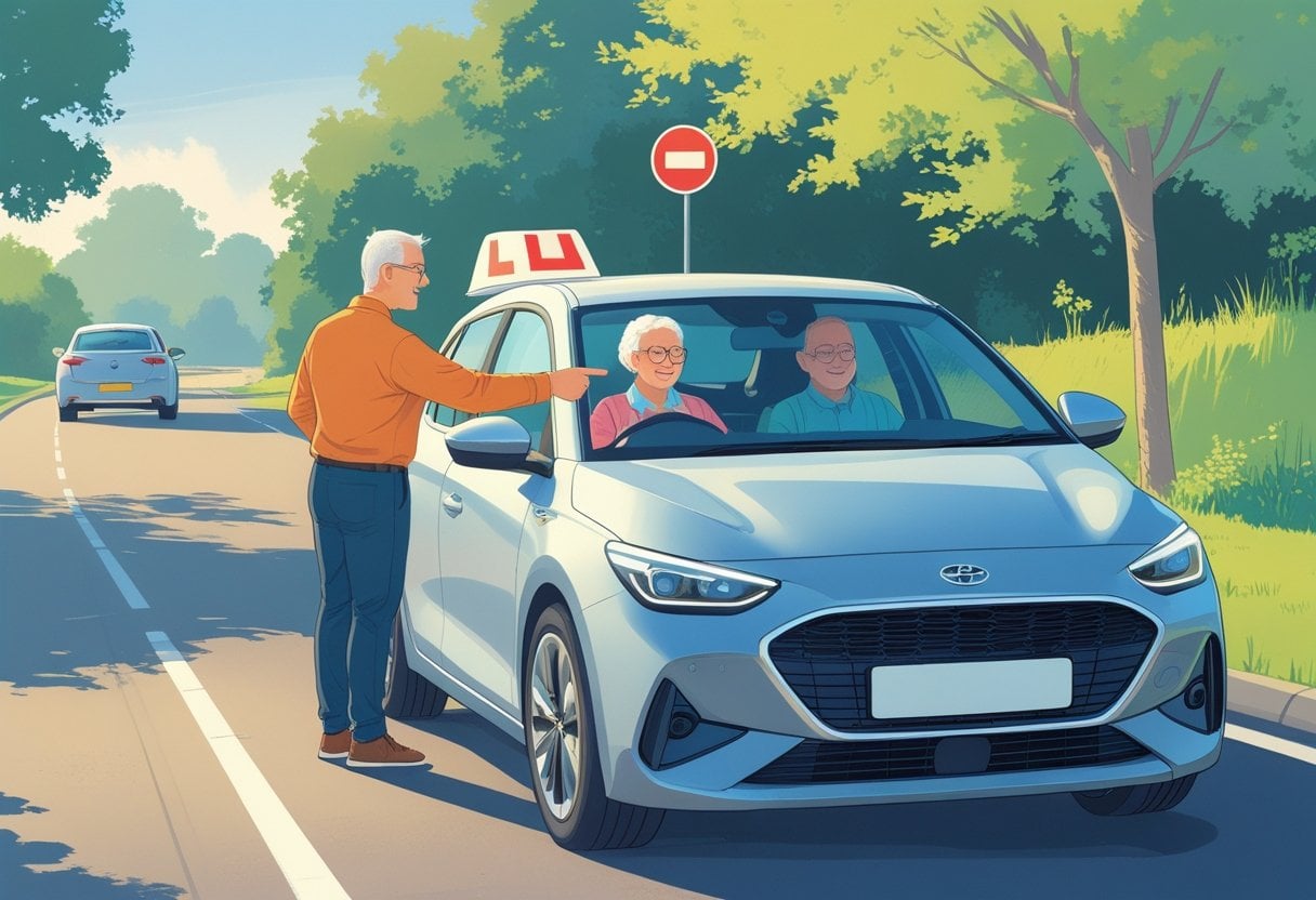 An older adult learner driver sitting in a car with a driving instructor beside them on a quiet suburban street.