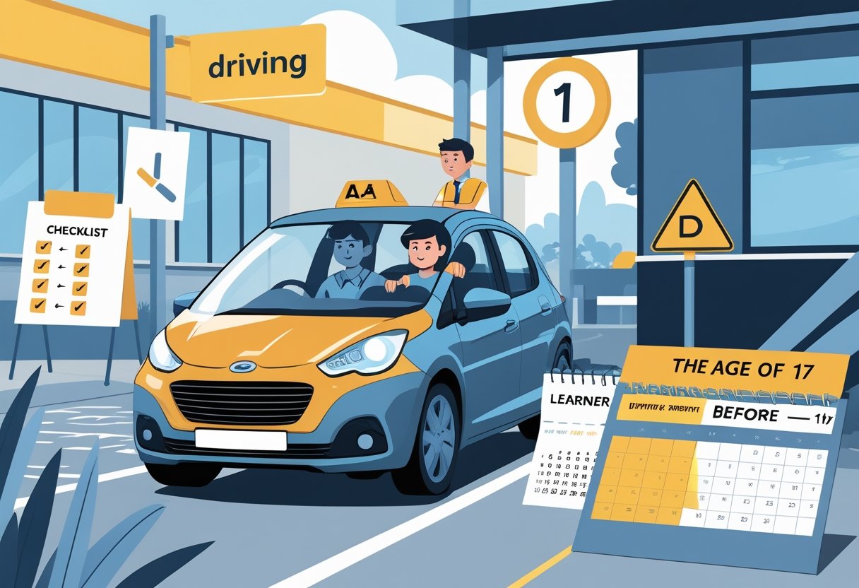 A teenager sitting in a car with a driving instructor beside them, surrounded by symbols representing the steps to learning to drive before turning 17.