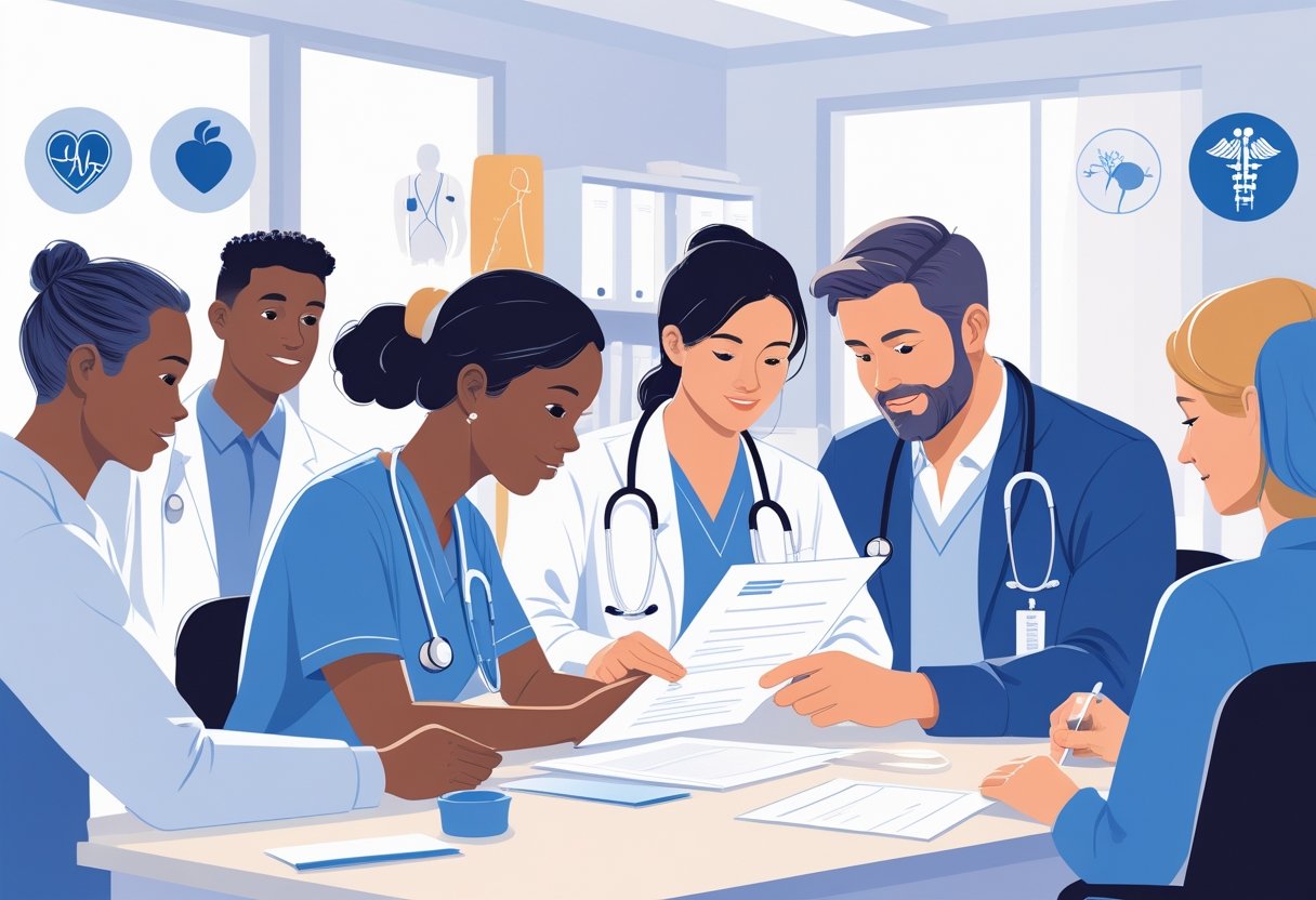 A patient consulting with a healthcare professional in a medical office, discussing medical conditions relevant to a licence application.