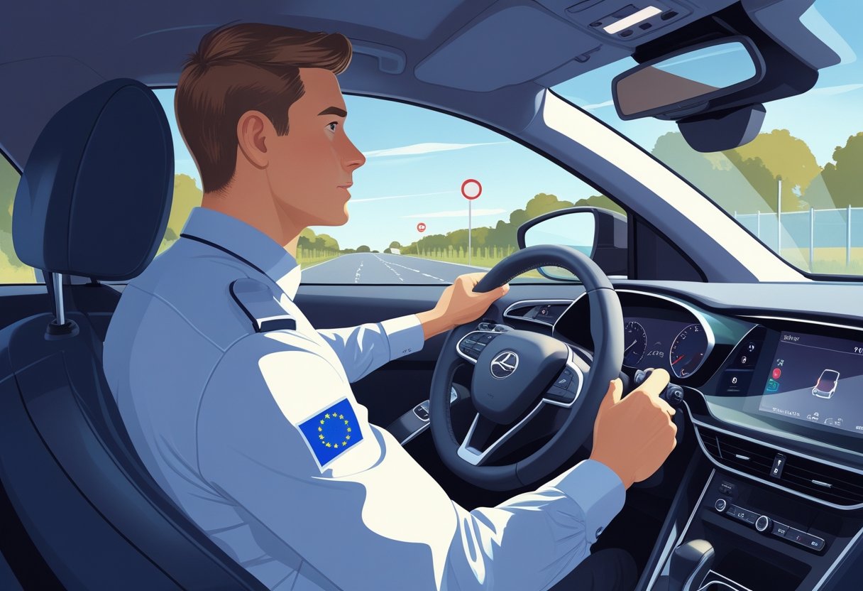 A driving instructor supervising a learner driver inside a car on a European road.