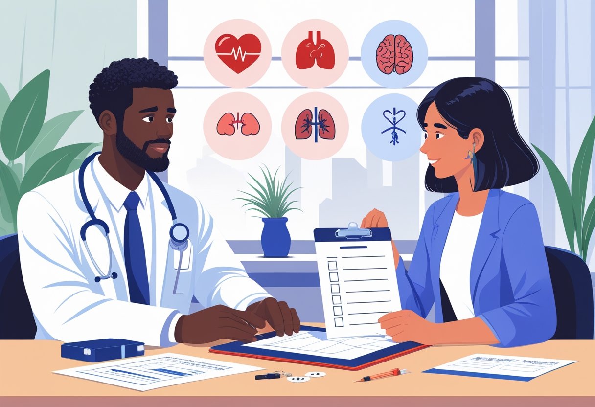 A doctor and a young adult applicant discussing medical information at a desk with medical documents and icons representing health conditions in the background.