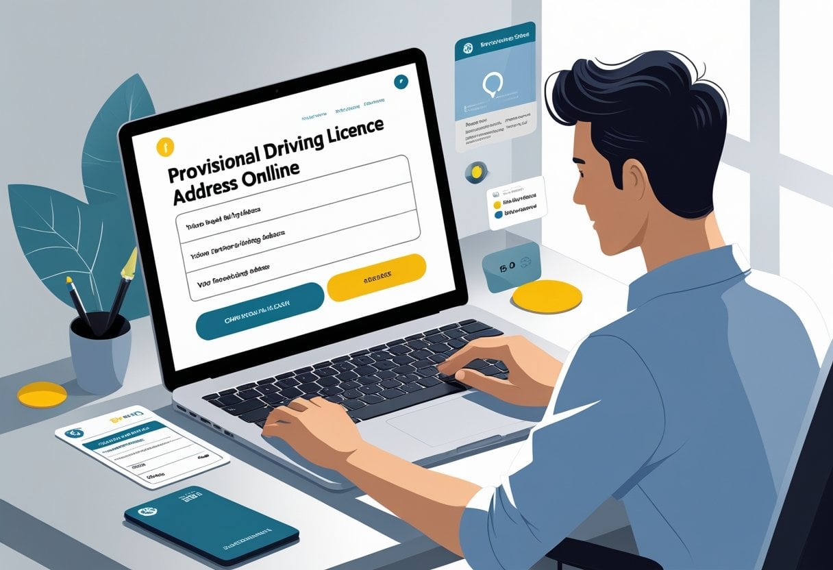 A person using a laptop at a desk to update their provisional driving licence address online.