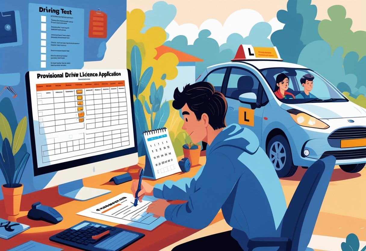 A young adult completing a provisional driving licence application at a desk, with a learner driver in a car and a supervising adult nearby.