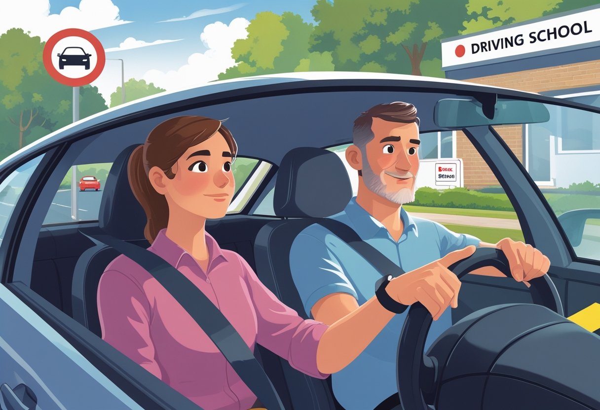 A learner driver practising driving with an adult supervisor in the passenger seat on a quiet suburban road.