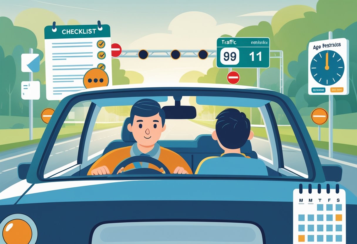 An adult supervising a teenage driver in a car on a road with traffic signs, showing attentive guidance and safety.
