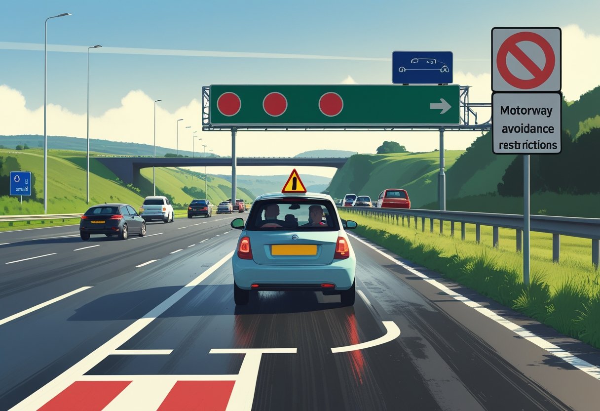 A learner driver in a small car with an instructor approaches a busy motorway entrance with signs indicating restrictions, surrounded by fast-moving traffic and typical UK roadside scenery.