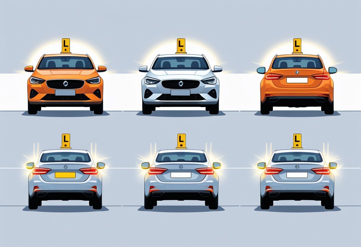 A car shown from front, rear, and side views with visible L plates displayed on the front and rear bumpers and side windows, illustrating the correct placement for provisional licence holders.