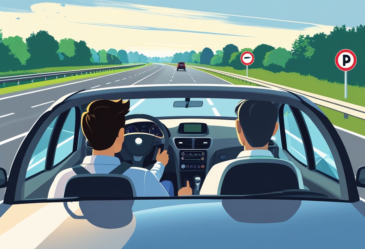 A learner driver and supervising driver in a car on a motorway with road signs and barriers visible.