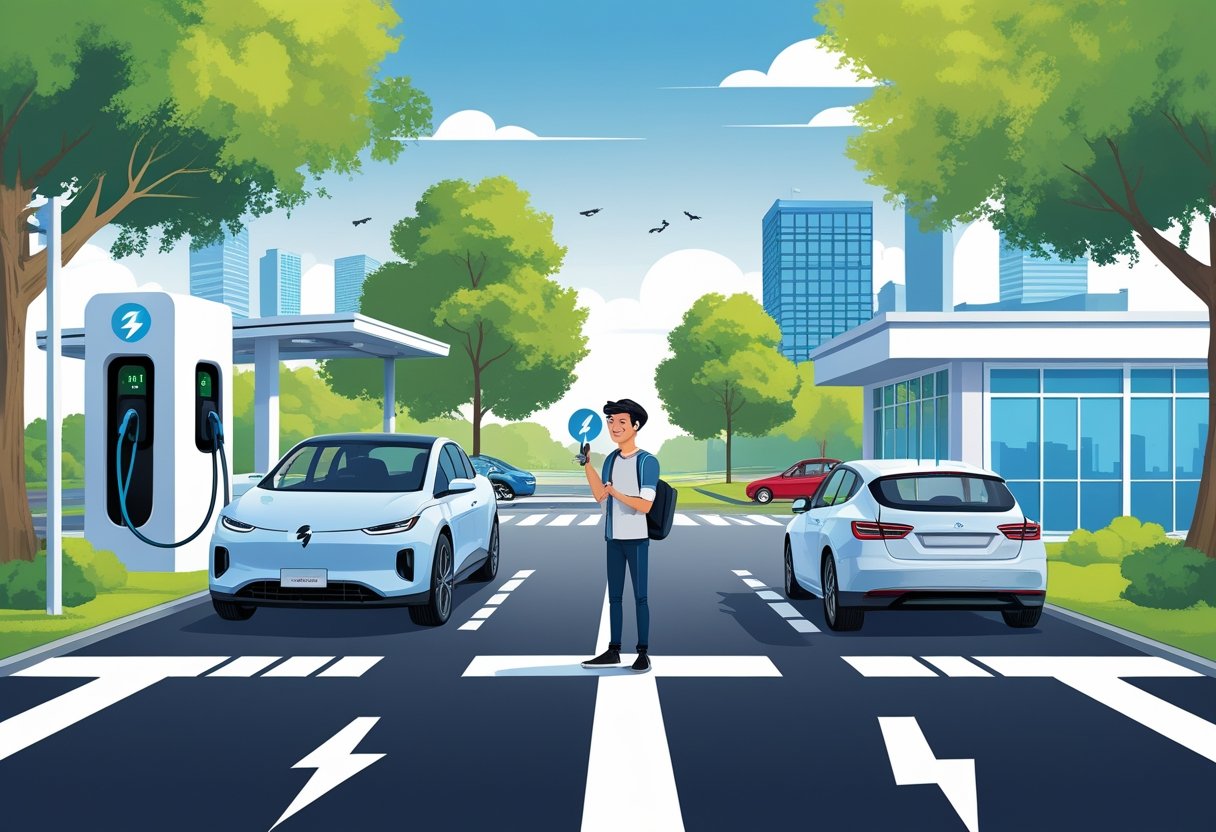 A young person standing at a crossroads choosing between an electric car charging station and a traditional driving school.