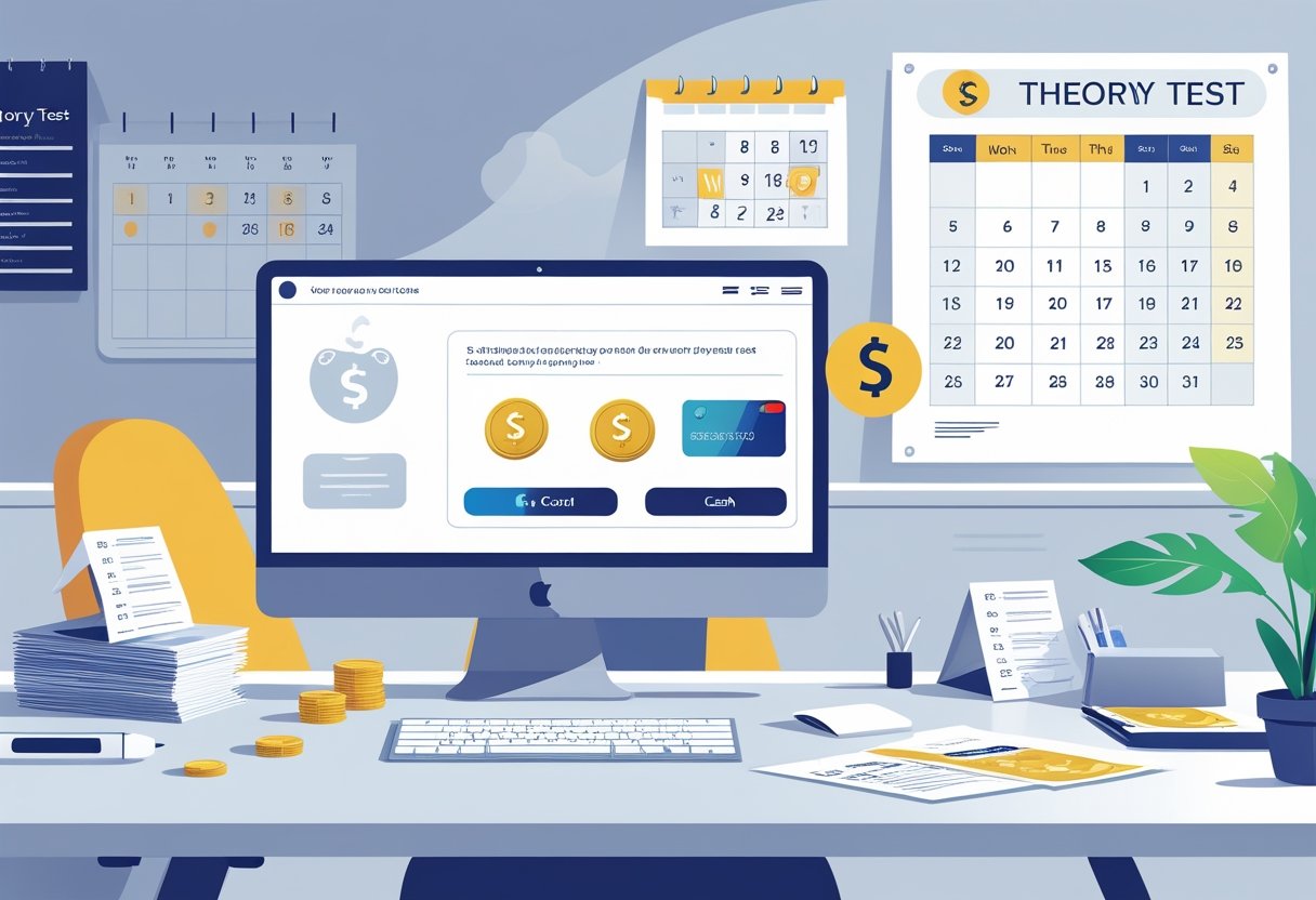 A person at a desk reviewing payment options for a theory test, with a computer, money, and a calendar visible.