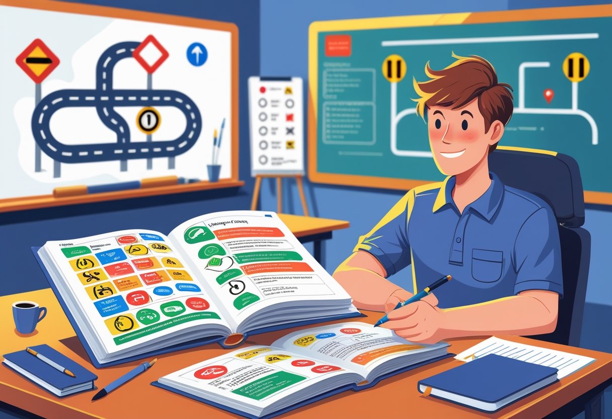 A learner driver studying road signs and traffic rules from an open book at a desk in a classroom setting.