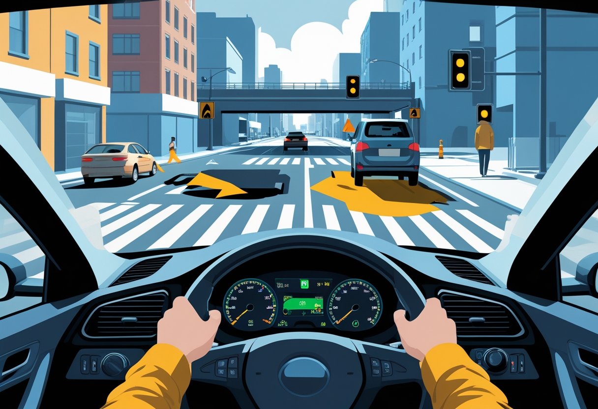 View from inside a car showing a driver noticing a pedestrian, cyclist, and a car braking ahead at a city intersection.