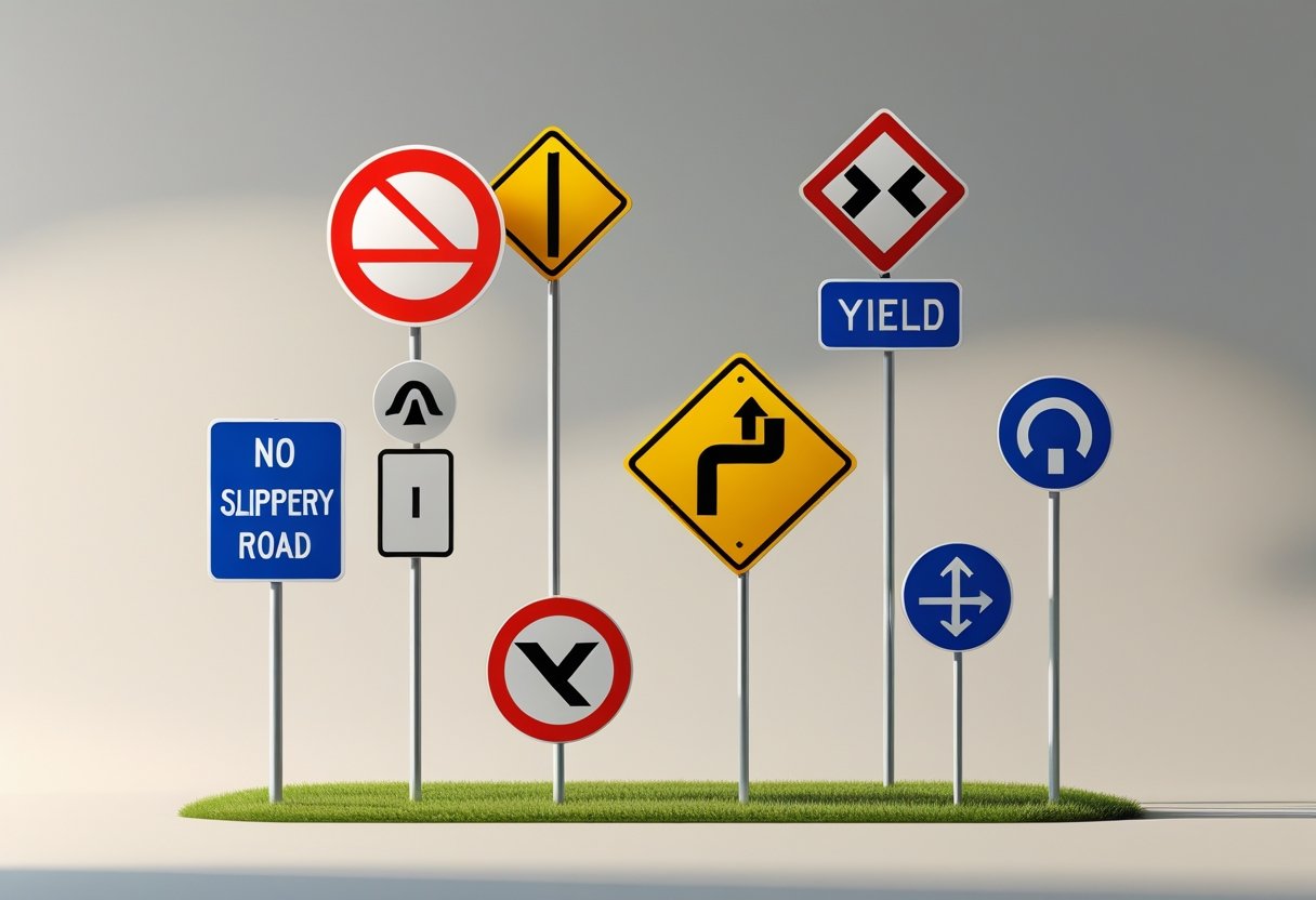 A clear arrangement of various road signs including no entry, slippery road, yield, two-way traffic, no U-turn, and pedestrian crossing signs displayed without text.