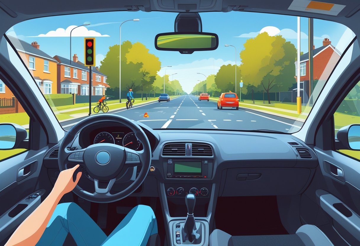 A learner driver inside a car attentively watching the road with a pedestrian crossing, cyclist, and traffic light ahead.