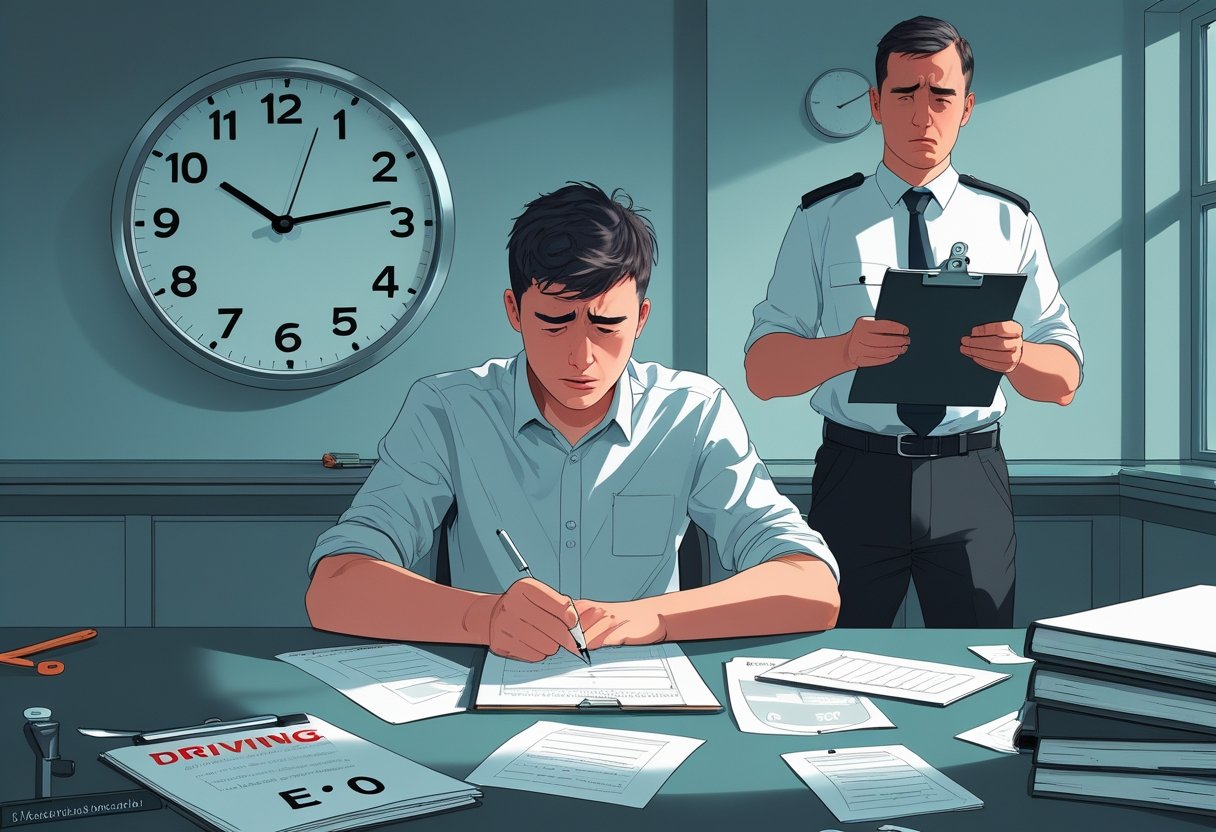 A young adult sitting at a desk in a test centre looking disappointed while a driving examiner stands nearby.