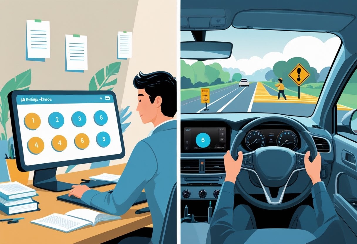 Split image showing a person taking a multiple-choice quiz on a computer on the left, and a driver attentively watching road hazards while driving on the right.