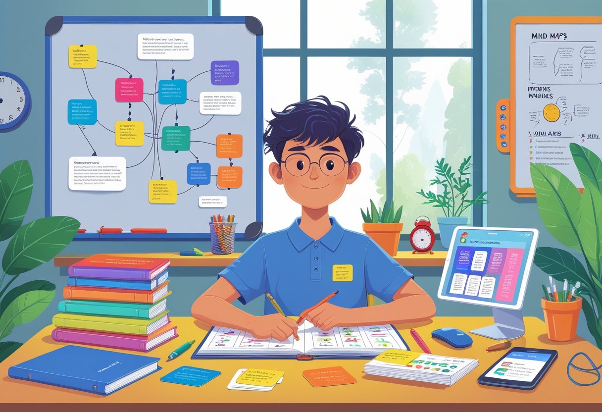 A young person studying at a tidy desk with colourful materials, a tablet, and a whiteboard with diagrams, in a bright room with plants and a clock.