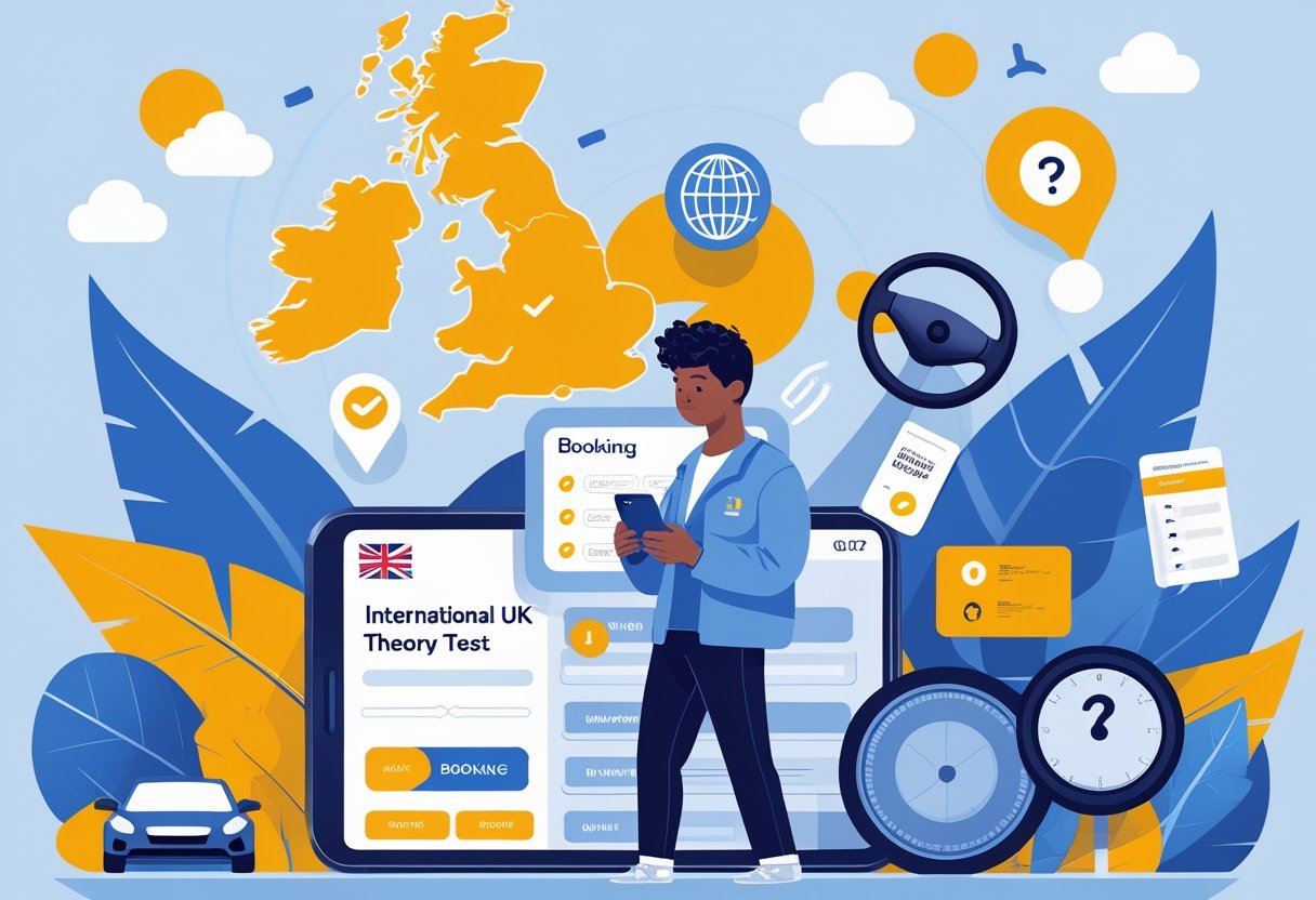 An international driver using a digital device to book their UK driving theory test, surrounded by symbols like a UK licence, a steering wheel, and a globe.