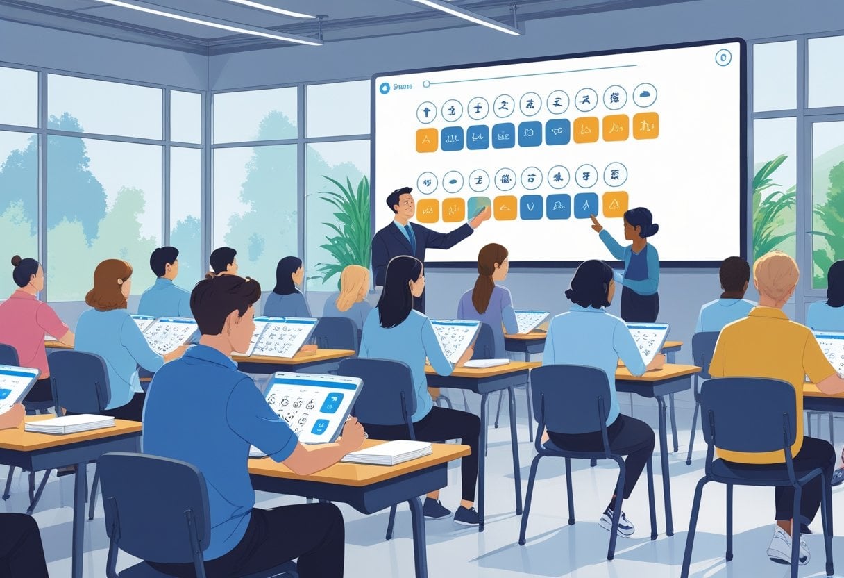 People of different backgrounds taking a theory test in a classroom with an instructor showing language options on a screen.
