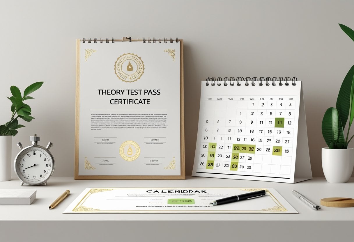 A certificate on a desk next to a calendar showing highlighted dates, with a clock nearby symbolising the time limit for the certificate's validity.