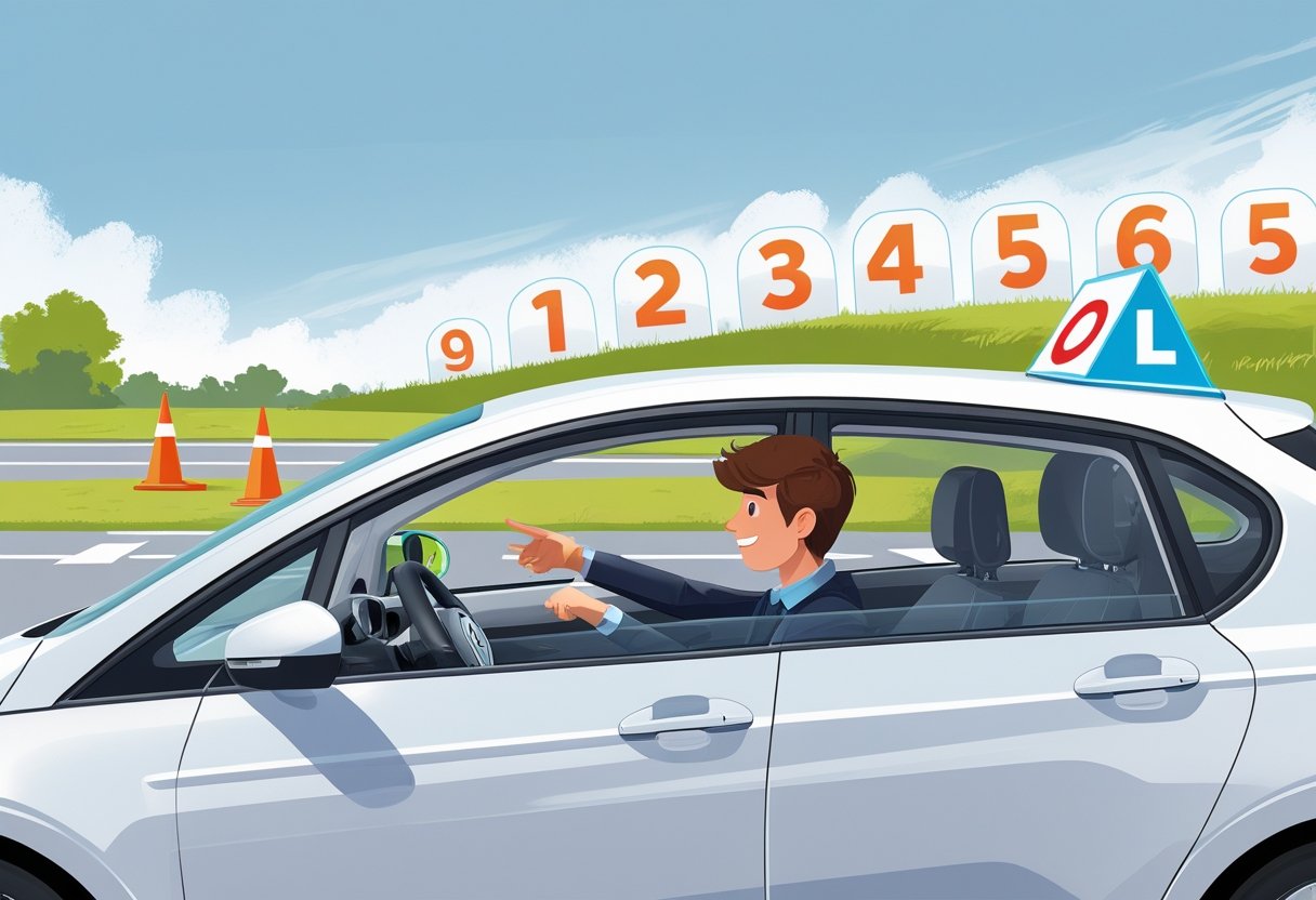 A learner driver and instructor inside a car at a driving practice area with road markings and cones outside.