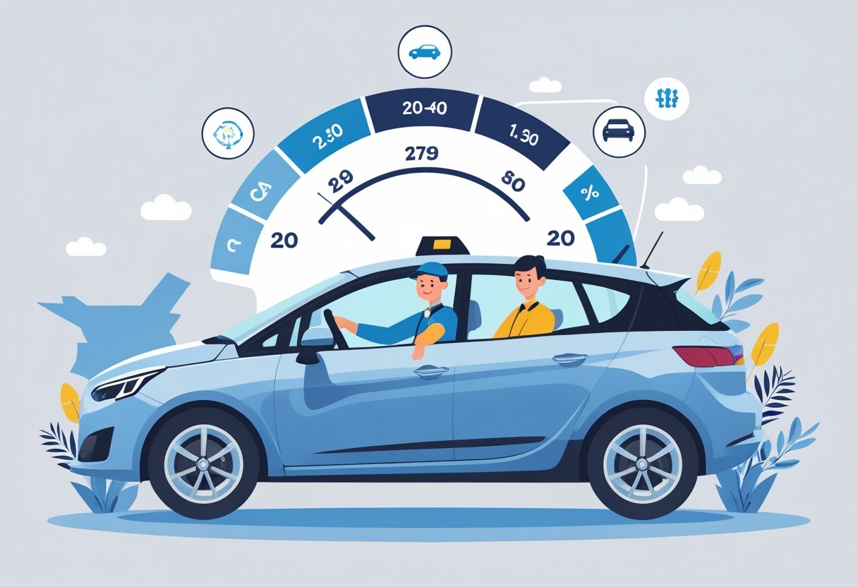 A learner driver and instructor inside a car with graphical elements showing progress and typical number of driving lessons needed in the UK.