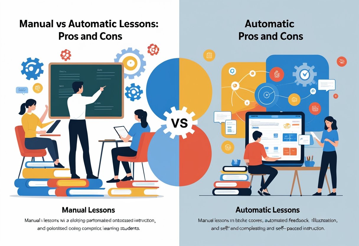 An illustration showing two halves: on the left, a teacher instructing students with books and a chalkboard; on the right, students learning individually using tablets and digital tools.