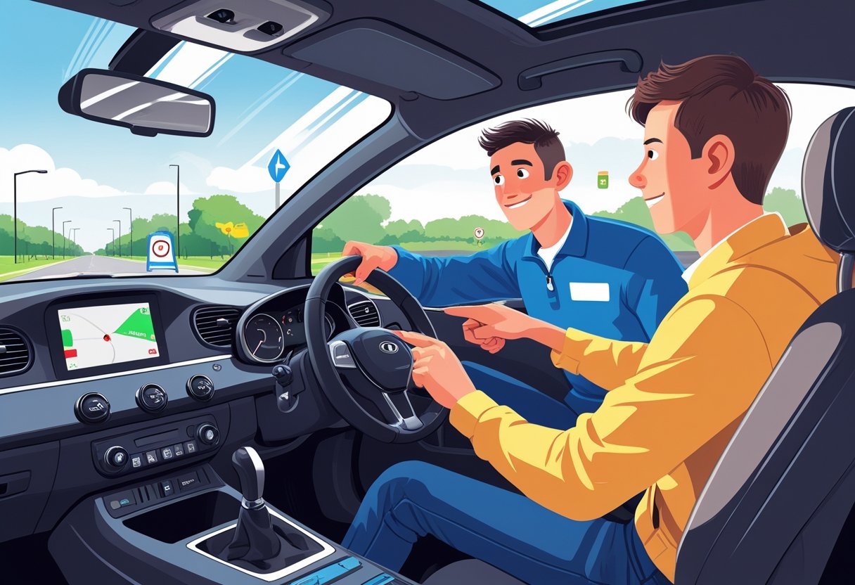A driving instructor and a learner driver sitting inside a car on a quiet suburban street during a driving lesson.
