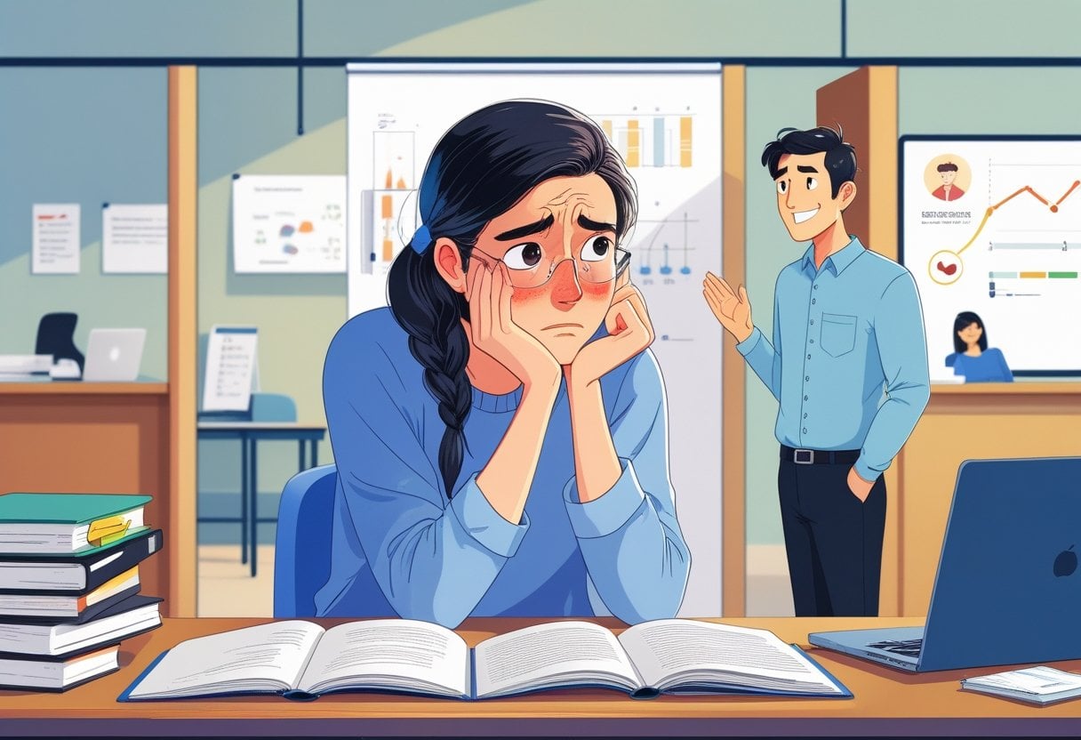 A student sitting at a desk looking thoughtful while an instructor stands nearby, with two paths in the background showing the option to continue with the same instructor or switch to a different one.