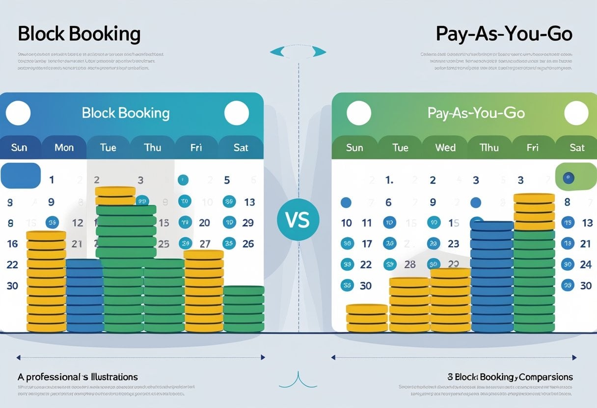 A split image showing a calendar with connected dates and increasing coins on one side, and a calendar with scattered dates and single coins on the other, illustrating a comparison between block booking and pay-as-you-go payment methods.